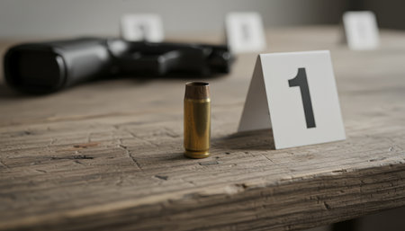 Bullet casing marked as evidence at a crime scene with a handgun and other markers blurred in the background on a wooden surface, depicting criminal investigationの素材