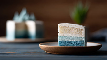 Cake slice displaying multiple layers of blue ombre sponge with white frosting and a cream top, presented on a round ceramic plate with a blurred whole cake in the backgroundの素材