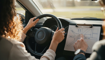 Learner driver holding the steering wheel while an instructor points to a hand drawn map on a clipboard, explaining the route during a practical driving lesson in a carの素材