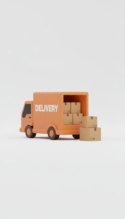 Orange delivery truck delivering multiple cardboard boxes, symbolizing fast shipping, e commerce logistics, and efficient cargo transport against a white backgroundの素材