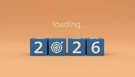 Blue cubes forming the year 2026 with a target icon representing goals and a loading progress bar, illustrating anticipation and preparation for new year resolutions and future planningの素材