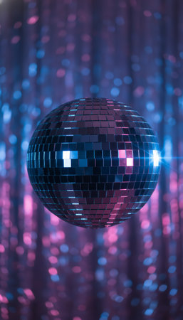 Disco ball reflecting purple and blue party lights, creating a sparkling abstract background ideal for retro events, celebrations, and night club themesの素材