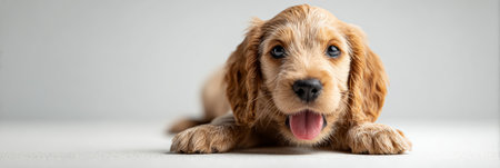 Cocker spaniel puppy with golden fur lying on a light background, sticking out tongue and looking directly at the camera, conveying cuteness and companionshipの素材