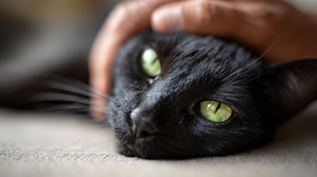 Black cat with striking green eyes lying down, being gently stroked on its head by a human hand, conveying concepts of comfort, relaxation, and the loving bond between pets and ownersの素材