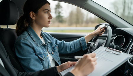 Young woman student focusing on driving, operating a car while an instructor holds a clipboard with a checklist, evaluating the driving lesson on the roadの素材