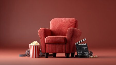 Red armchair standing with a striped bucket of popcorn, a film reel, and a movie clapperboard, symbolizing entertainment, a cozy movie night, and the film industryの素材