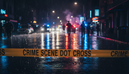 Yellow crime scene tape in the foreground, with police officers, emergency vehicles, and flashing red and blue lights blurred in the background on a wet, rainy city street at nightの素材