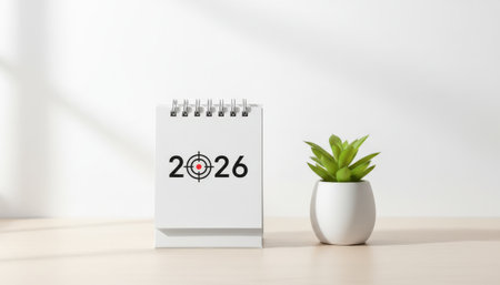 Desk calendar displaying the year 2026 with a target icon, symbolizing goal setting, planning, and achieving new year resolutions with focus and determinationの素材