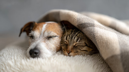 Dog and tabby cat peacefully sleeping side by side, cuddling under a cozy plaid blanket on a fluffy white bed, showing domestic animal friendship and warmthの素材
