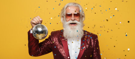 Happy senior man wearing a sparkling jacket and sunglasses, holding a disco ball and celebrating as colorful confetti falls around him against a yellow backgroundの素材