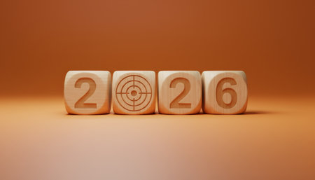 Wooden blocks displaying the year 2026 with a target symbol representing the number zero, illustrating concepts of new year resolutions, business objectives, and strategic planningの素材