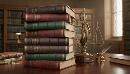 Stacked legal books and a bronze lady justice with scales on a wooden desk in a law library, evoking justice, jurisprudence, education, and the authority of the legal systemの素材