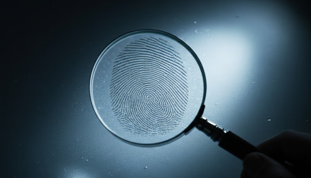 Hand holding magnifying glass revealing a glowing fingerprint pattern on a dark background, symbolizing forensic investigation, biometric identification and security analysisの素材