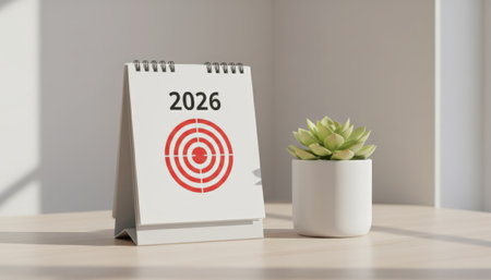 Desk calendar displaying the year 2026 and a red target symbol, representing clear goals and future planning, standing next to a small green succulent plant in a white potの素材