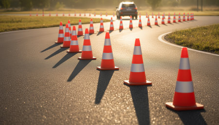 Car maneuvering through an outdoor obstacle course formed by many orange traffic cones on an asphalt road during a driving lesson, creating long shadows in the late afternoon sunの素材