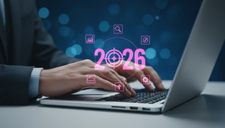 Businessperson hands are typing on a laptop keyboard, making plans and setting goals for the upcoming year 2026 with an overlay showing technology icons, strategic targets, and data analysisの素材