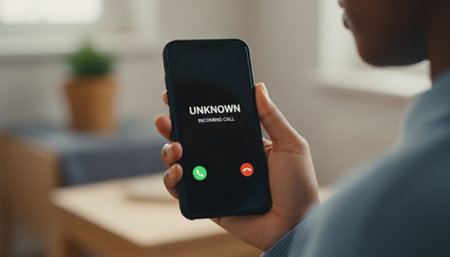 Woman holding a smartphone displaying an unknown incoming call notification on the screen, considering whether to answer a potentially fraudulent or spam callの素材