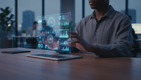 Black businessman studies glowing holographic charts and interactive dashboards in a modern office, illustrating advanced data analytics, ar interface and futuristic business intelligenceの素材