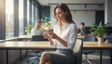 Professional businesswoman using a smartphone in a modern office, interacting with a vibrant visual representation of social media applications and digital communication technologyの素材