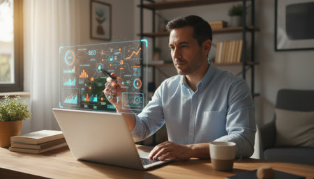 Man working with laptop and pointing at a transparent holographic augmented reality display showing seo and marketing analytics data in a home office environmentの素材
