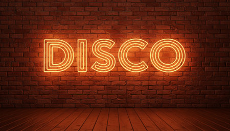 Neon sign spelling the word disco emits a warm orange glow against a textured brick wall, creating a retro atmosphere in a dark club interior with wooden floorboardsの素材