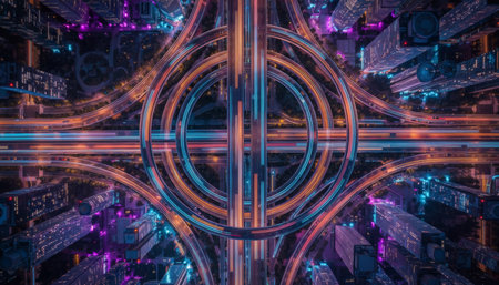 Elevated view of a complex freeway interchange weaving through a futuristic metropolis at night, featuring dynamic light trails from speeding vehicles symbolizing motion and urban activityの素材