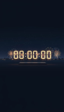 Digital clock reads 00,00 at midnight over a city skyline as colorful fireworks burst into the night, celebrating the start of the new year and fresh beginningsの素材