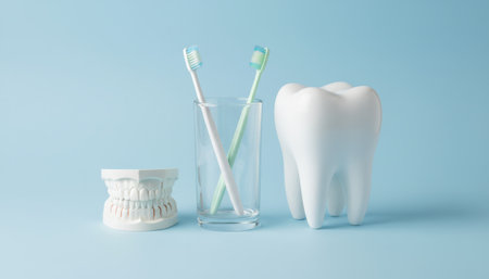 Toothbrushes standing in a glass with a tooth model and a jaw model on a light blue background representing dental health, hygiene, and daily oral careの素材