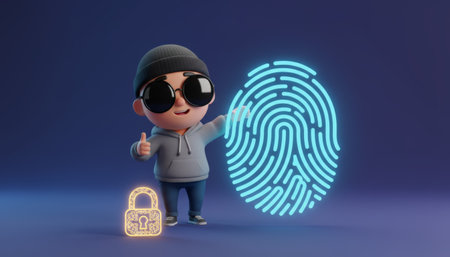 Cartoon hacker character wearing sunglasses and beanie cap giving a thumbs up, interacting with a glowing digital fingerprint scan and a decorative golden padlockの素材
