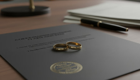 Two golden wedding rings resting on a legal marriage document, symbolizing commitment, partnership, and the formal union of a couples love and relationshipの素材