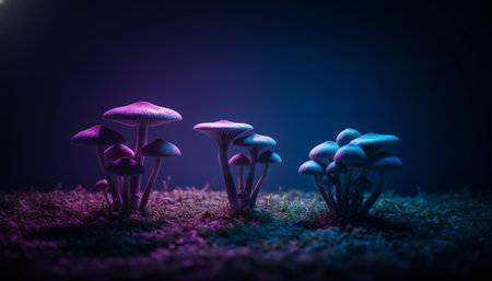 Glowing bioluminescent fungi illuminate a dark forest floor, creating an otherworldly, mystical atmosphere with vibrant neon colors of purple, blue, and pinkの素材