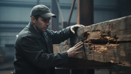 Experienced worker examining a large wooden beam, assessing severe damage and wear on the old timber, highlighting issues of decay, maintenance, and material assessment in a workshop environmentの素材