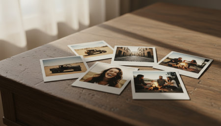 Instant print photos scattered on a rustic wooden table evoke travel memories and warm nostalgia, desert dunes, european streets, laughing friends, bonfire nights and road tripsの素材