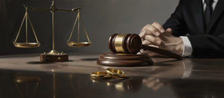 Legal professional sitting at a desk with a gavel and scales of justice, contemplating the separation and future of a couple symbolized by two wedding ringsの素材