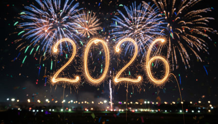 Night sky lit by bright fireworks and golden sparkler digits 2026, showering confetti over an urban silhouette for a festive new years eve celebration and hopeful midnight welcomeの素材