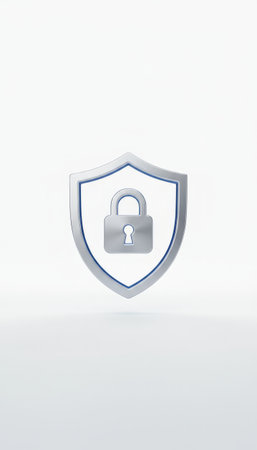 Shield icon featuring a padlock symbolizing robust security measures, protection, and privacy for digital information and cybersecurity systems on a clean white backgroundの素材
