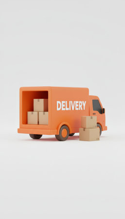 Orange delivery truck transporting cardboard boxes, representing fast shipping, efficient logistics, and global e commerce, symbolizing supply chain management and express serviceの素材