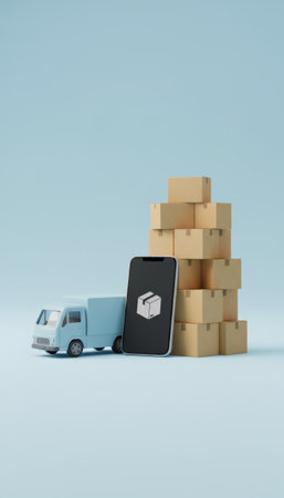 Mobile phone showing a package icon stands next to a light blue delivery truck and a towering stack of cardboard boxes, representing e commerce logistics and order trackingの素材
