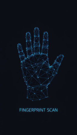 Digital hand representation forming a biometric scan, visualizing advanced security and access control systems for personal identification and data protectionの素材