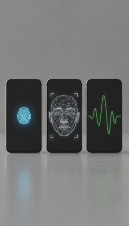 Three smartphones display biometric authentication, fingerprint scan, facial recognition and voice waveform for secure mobile access, identity verification and data protectionの素材