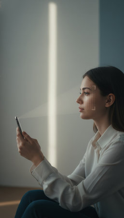 Woman holding a smartphone, with biometric facial scanning technology identifying her to unlock the device, representing privacy, security, and modern digital identification conceptsの素材