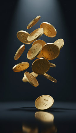 Gold dollar coins raining down, falling through a spotlight, reflecting on a dark, glossy surface, illustrating concepts of wealth, finance, success, and prosperityの素材