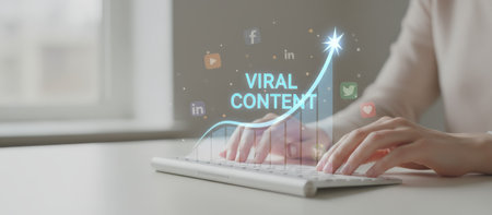 Person typing on a keyboard, generating viral content with an upward trending graph and social media icons symbolizing digital marketing success, growth, and audience engagement onlineの素材