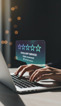 Person typing on a laptop computer providing excellent service five star ratings and customer satisfaction feedback online using modern digital technologyの素材