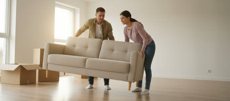 Young couple carrying a sofa into their bright, empty apartment, working together to furnish their new home and celebrate a fresh start in domestic lifeの素材