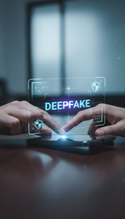 Hands touching smartphone hologram labeled deepfake with glowing shield icons, blue purple interface conveying ai manipulation, cybersecurity risk, and digital identity threatの素材