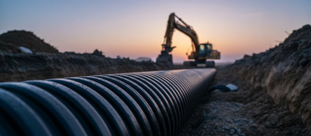 Large corrugated pipe lying in a trench during a new construction project at sunrise, with an excavator working in the background, representing major drainage and utility installationの素材
