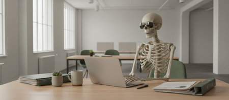 Skeleton wearing sunglasses sitting at an office desk, typing on a laptop, symbolizing concepts of chronic fatigue, extreme overwork, and employee burnout in a modern workplace settingの素材