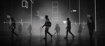 Silhouettes of people walking in a futuristic cityscape, displaying virtual interfaces with biometric data like brain activity and heart rate, representing advanced surveillance or data analysisの素材
