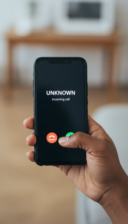 Hand holding a black smartphone displaying an incoming call from an unknown number, touching the red decline button, symbolizing unwanted communication and privacyの素材